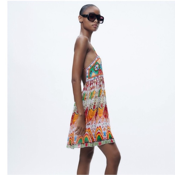 Zara strappy embroidered multi Colorful Bohemian Summer mini  Dress NEW - Picture 6 of 11